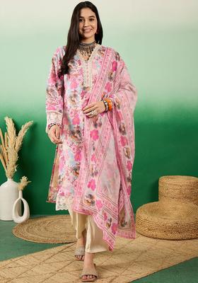 Pink Printed Cotton Kurta Set