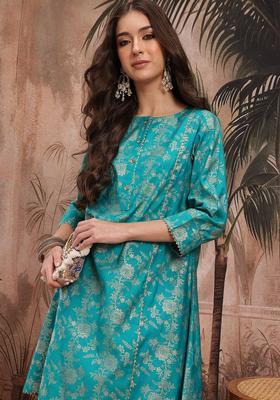 Turquoise Blue Printed Viscose Kurta Set