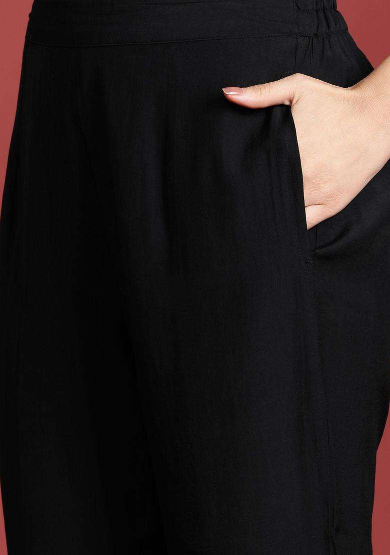 Black Solid Viscose Kurta Set - Indya