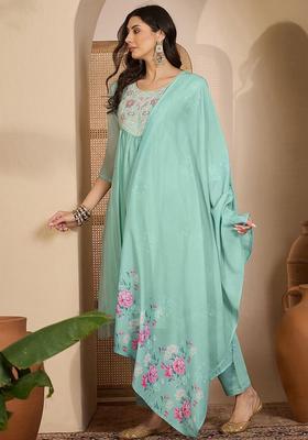 Blue Embroidered Cotton Kurta Set