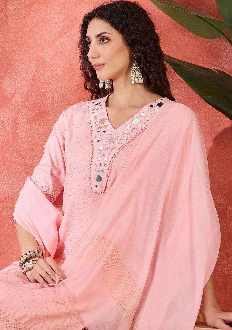Pink Embroidered Cotton Kurta Set - Indya