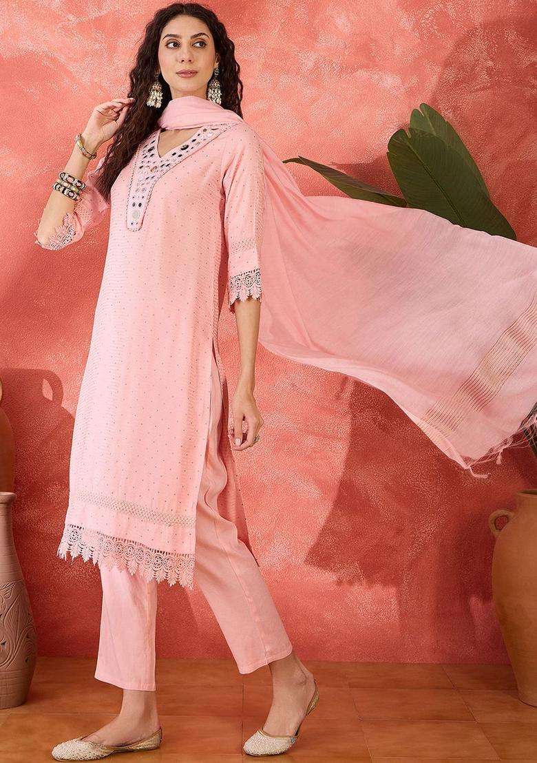 Pink Embroidered Cotton Kurta Set - Indya