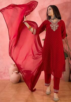 Red Embroidered Georgette Kurta Set