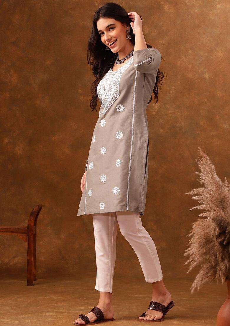 Grey  Cotton Kurta - Indya