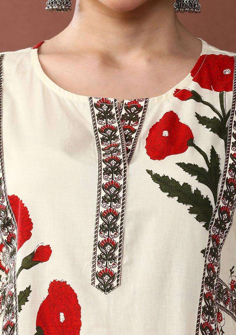 Red Printed Cotton Kurta Set - Indya