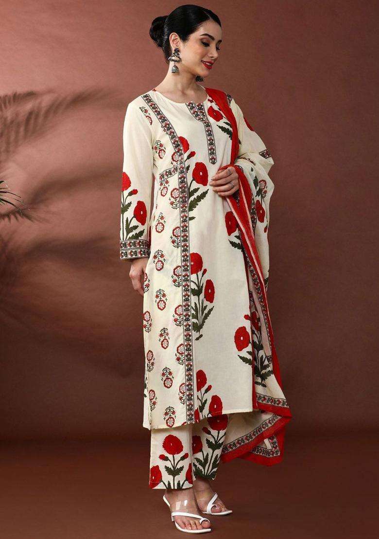 Red Printed Cotton Kurta Set - Indya