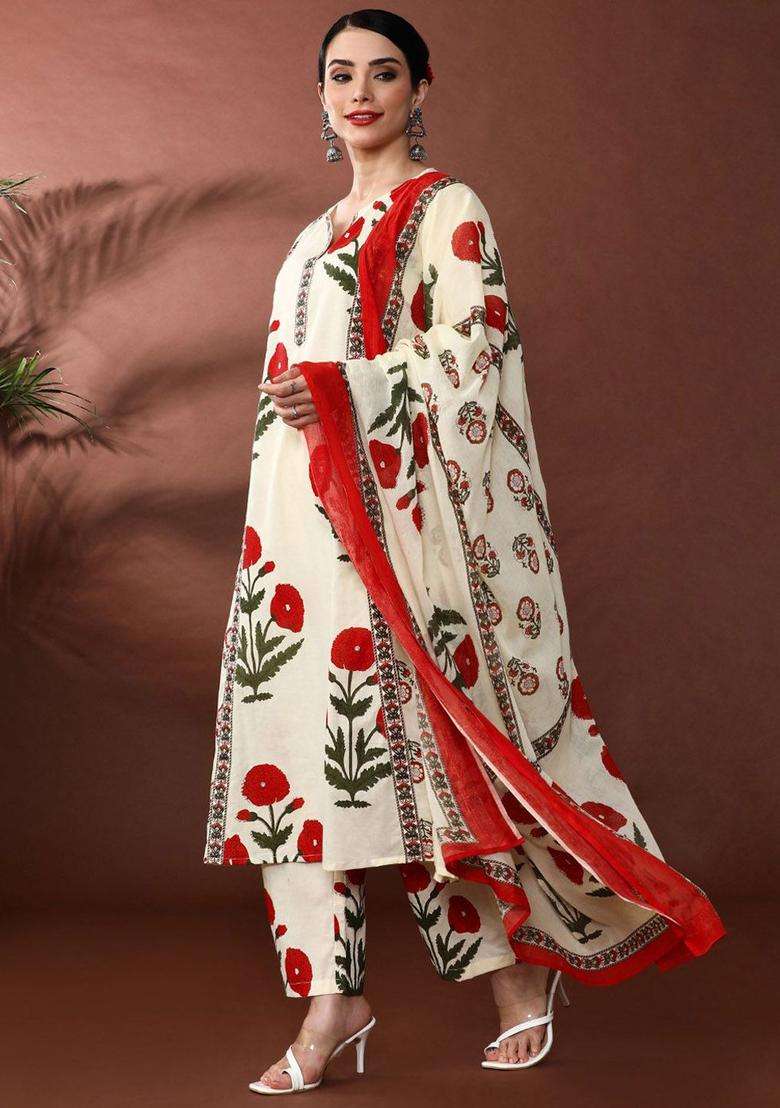 Red Printed Cotton Kurta Set - Indya