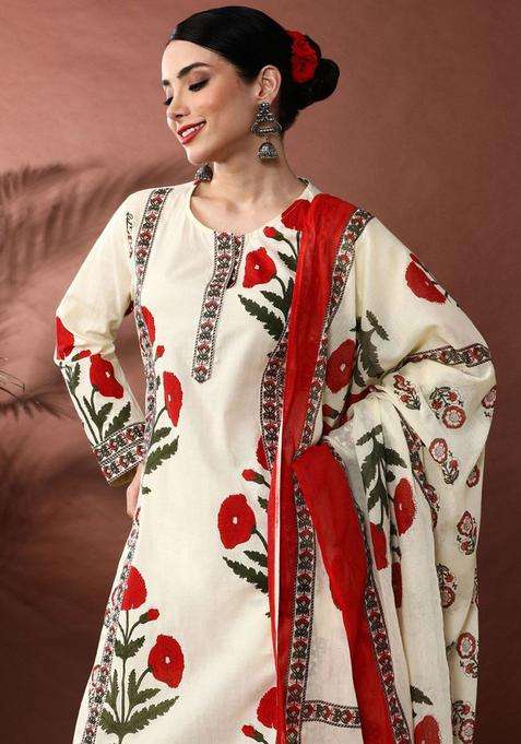 Red Printed Cotton Kurta Set