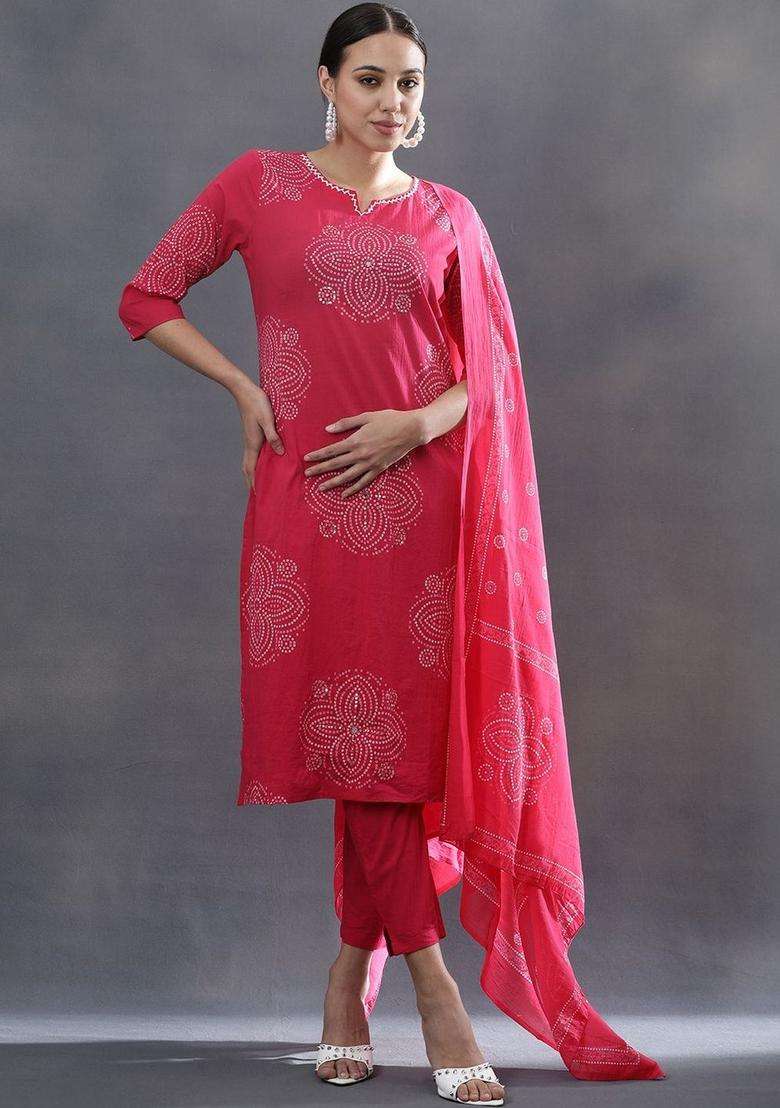 Red Printed Cotton Kurta Set - Indya