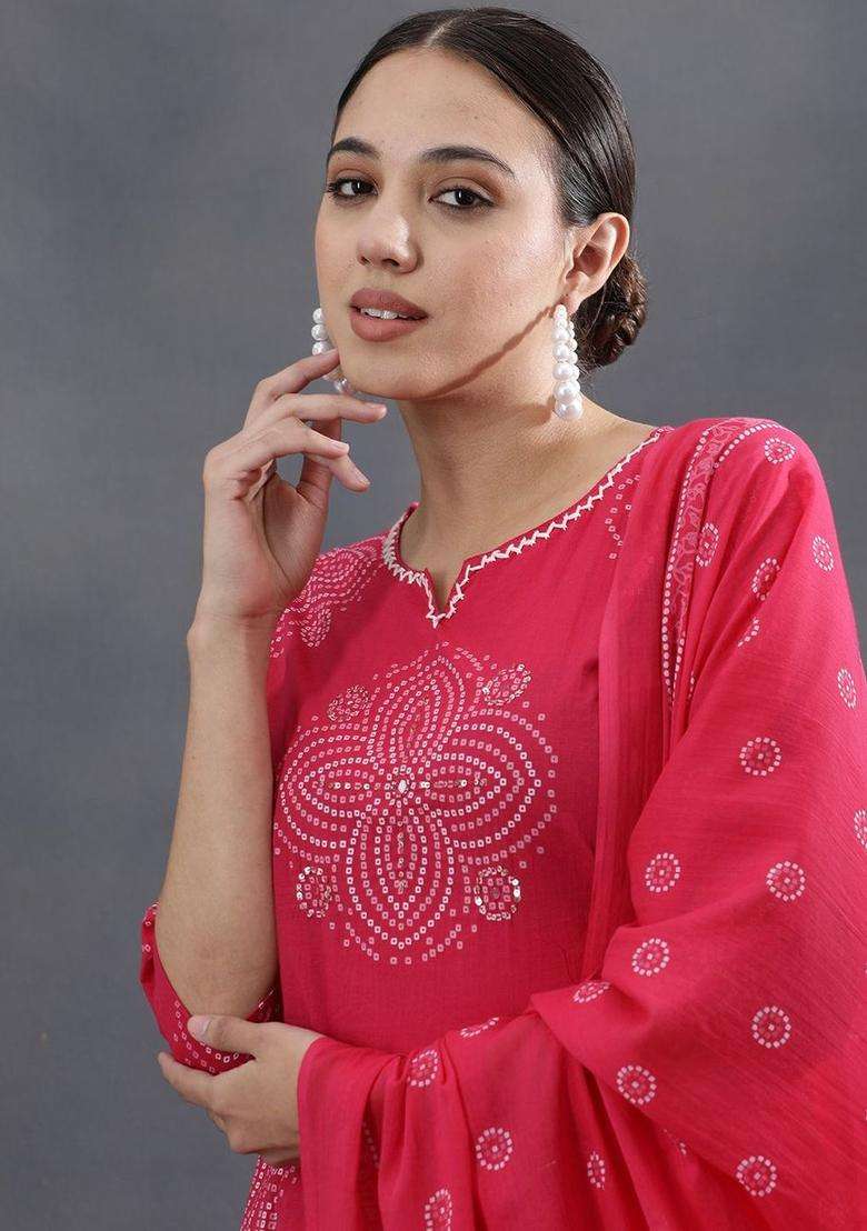 Red Printed Cotton Kurta Set - Indya