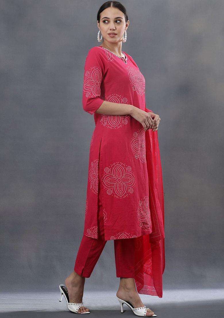 Red Printed Cotton Kurta Set - Indya
