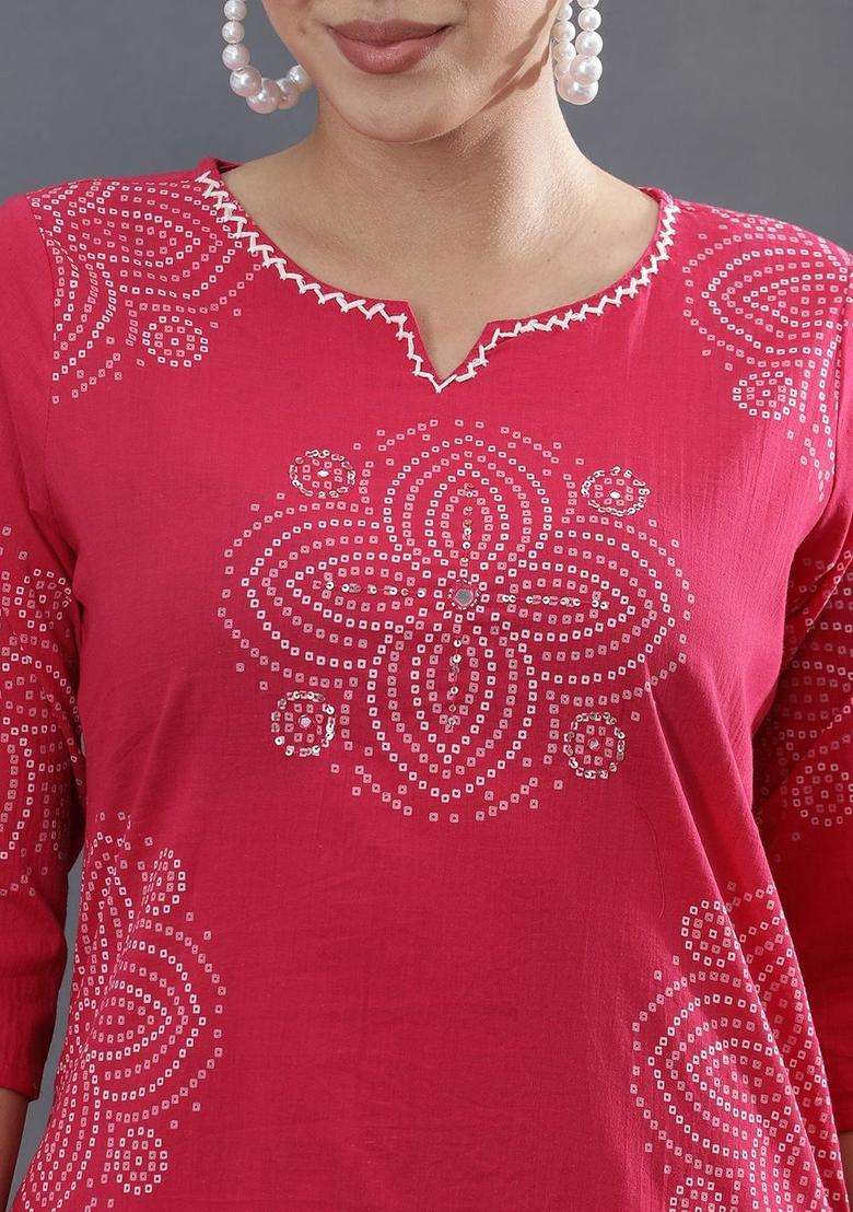 Red Printed Cotton Kurta Set - Indya