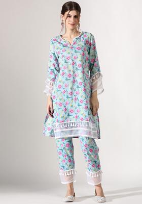 Turquoise Blue Printed Cotton Kurta Set