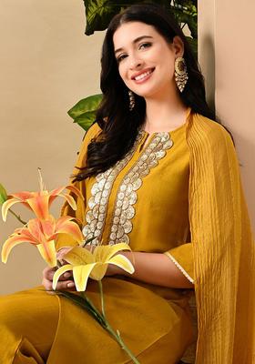 Mustard Solid Silk Kurta Set