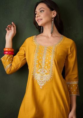 Yellow Embroidered Silk Kurta Set