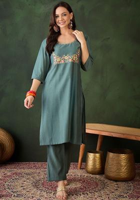 Grey Embroidered Cotton Kurta Set