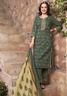 Olive Printed Cotton Kurta Set