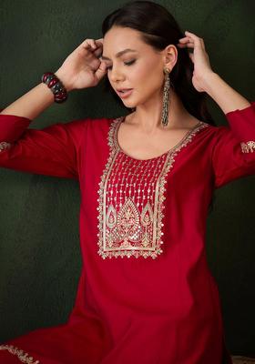 Red Embroidered Silk Kurta Set
