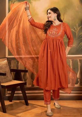 Orange Yoke Design Chinon Kurta Set