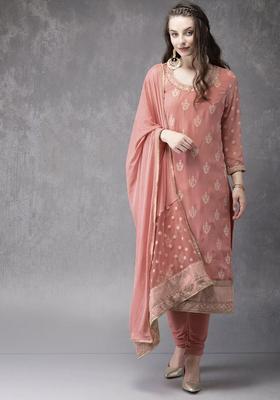 Peach Embroidered Polyester Kurta Set