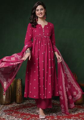 Pink Printed Viscose Anarkali Set