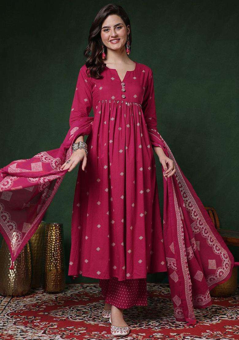 Pink Printed Viscose Anarkali Set - Indya