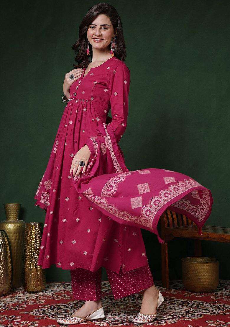 Pink Printed Viscose Anarkali Set - Indya
