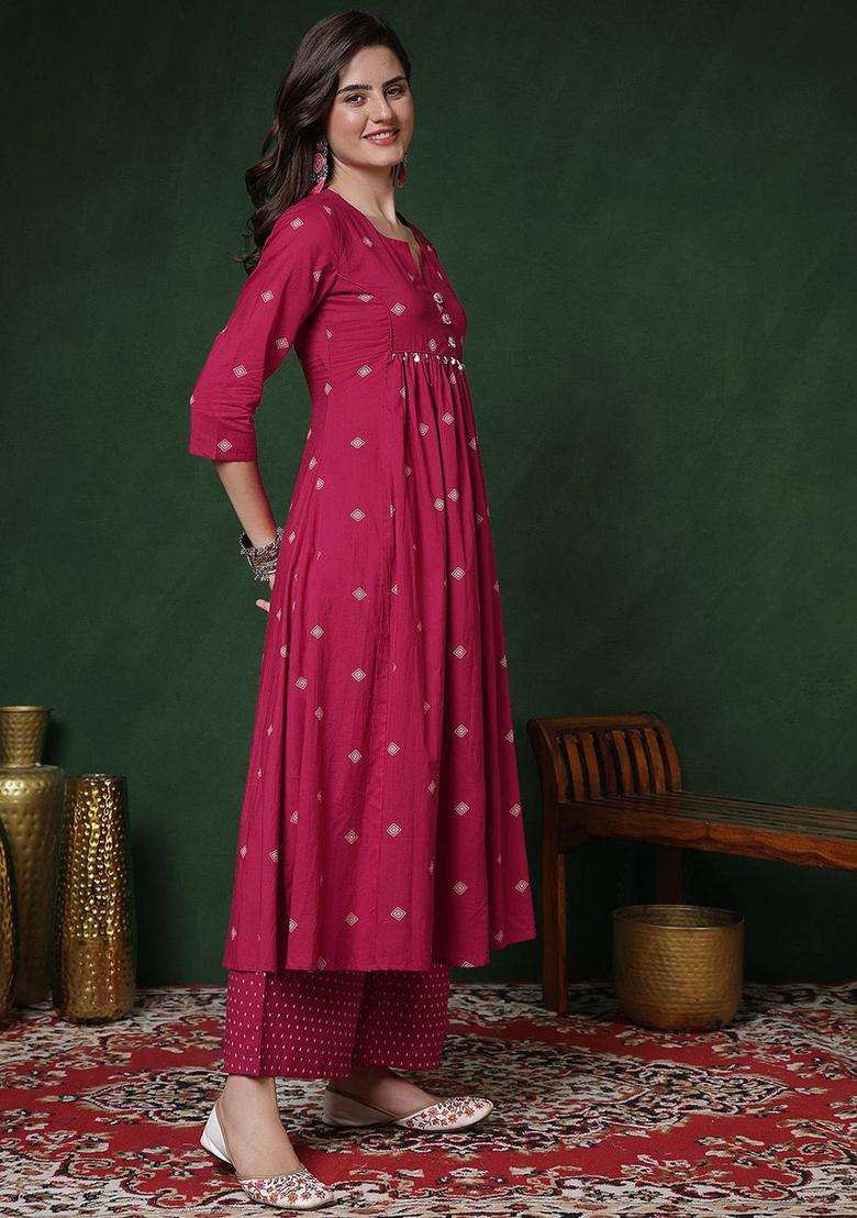 Pink Printed Viscose Anarkali Set - Indya