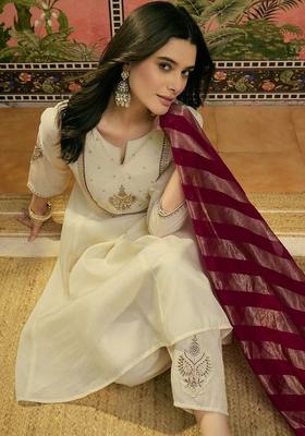 Off White Embroidered Silk Kurta Set