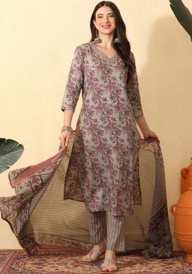 Grey Printed Cotton Kurta Set