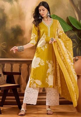 Mustard Printed Cotton Kurta Set