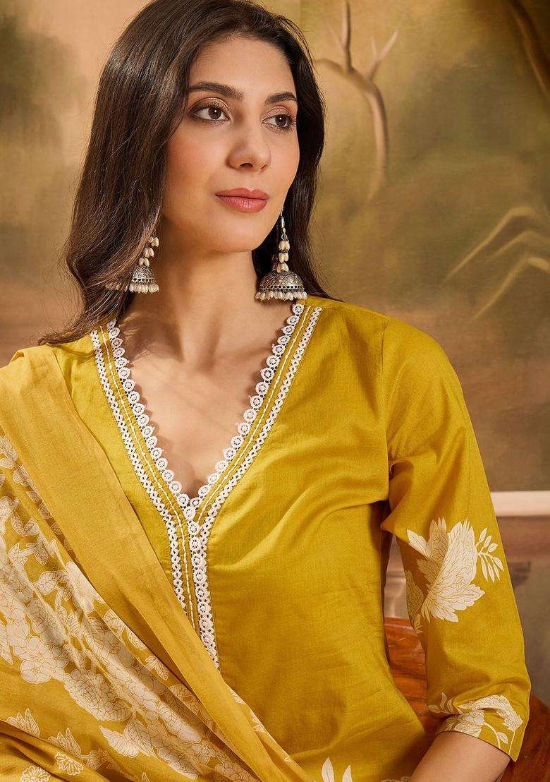 Mustard Printed Cotton Kurta Set - Indya