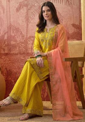 Yellow Embroidered Silk Kurta Set