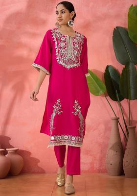 Pink Embroidered Shantoon Kurta Set