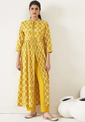 Mustard Printed Silk Kurta Set