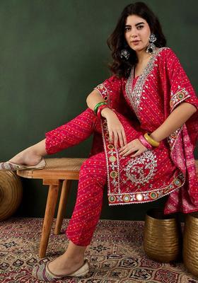 Red Printed Viscose Kurta Set