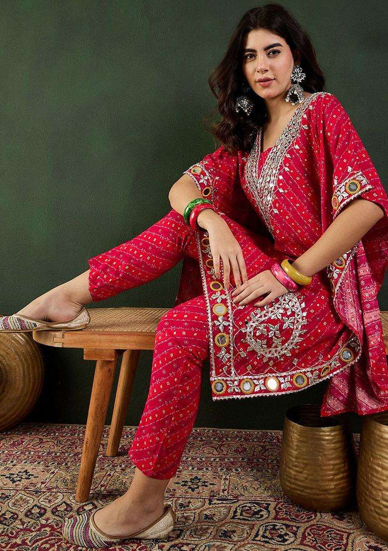 Red Printed Viscose Kurta Set - Indya