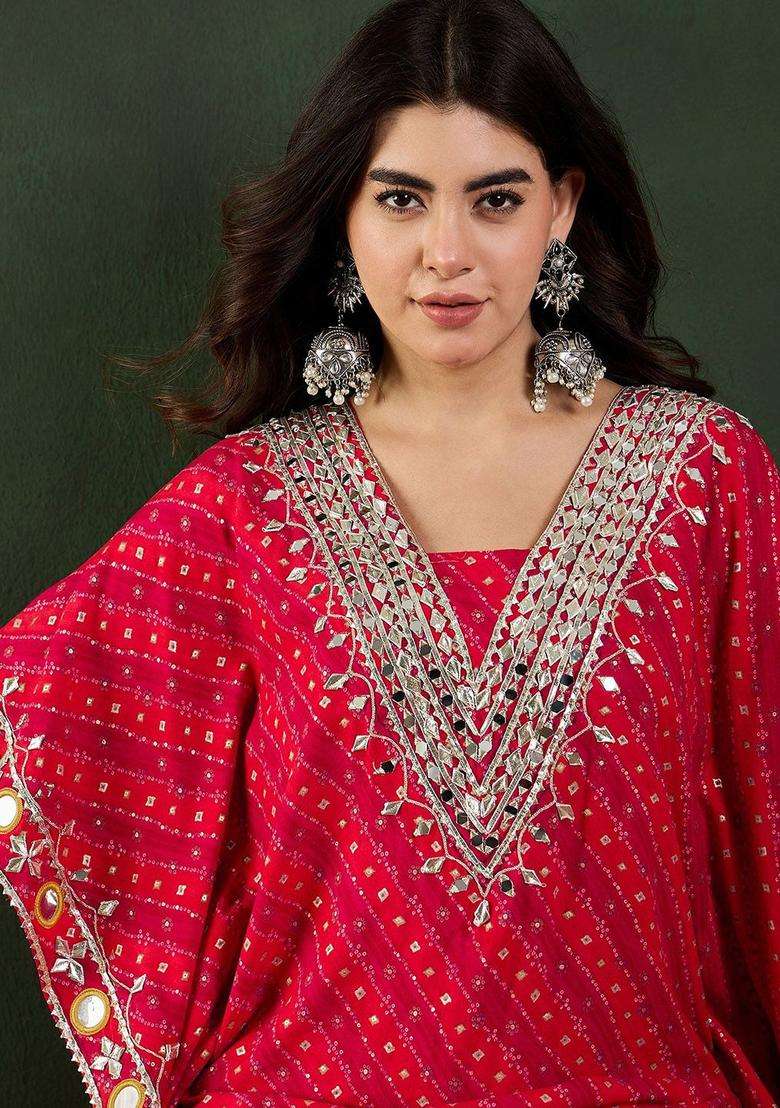Red Printed Viscose Kurta Set - Indya