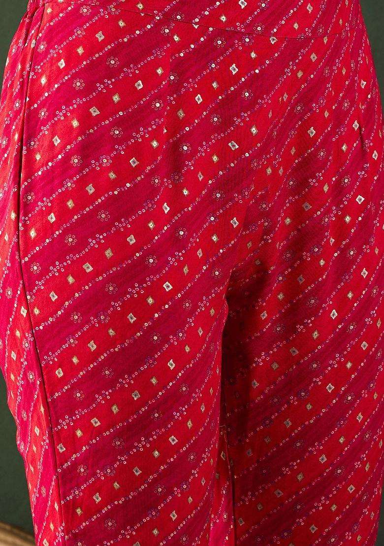 Red Printed Viscose Kurta Set - Indya