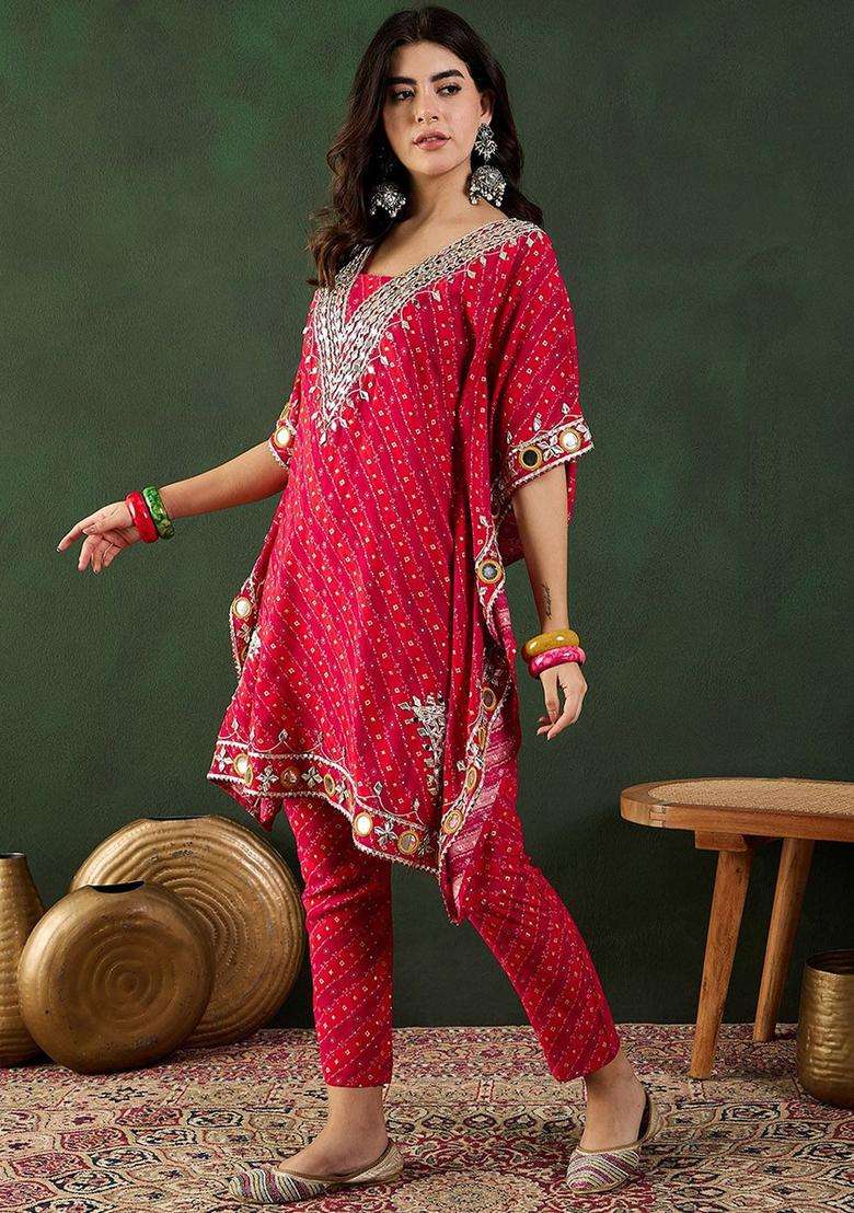 Red Printed Viscose Kurta Set - Indya