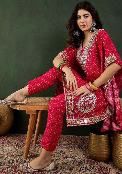 Red Printed Viscose Kurta Set