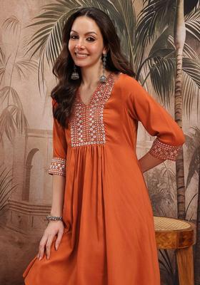 Rust Printed Polyester Kurta Set