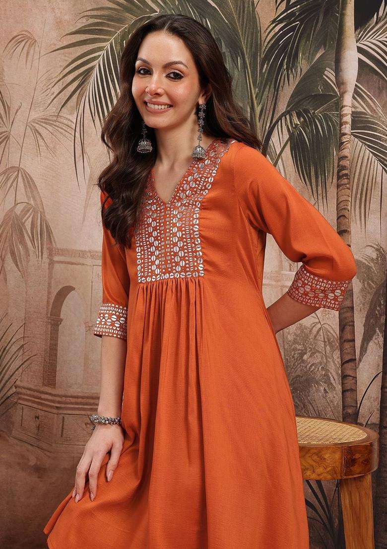 Rust Printed Polyester Kurta Set - Indya