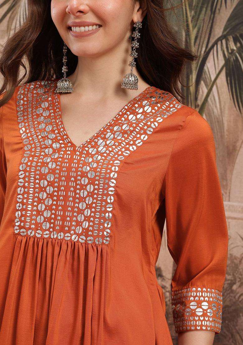 Rust Printed Polyester Kurta Set - Indya