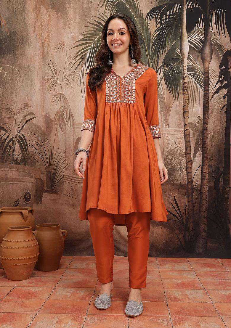 Rust Printed Polyester Kurta Set - Indya