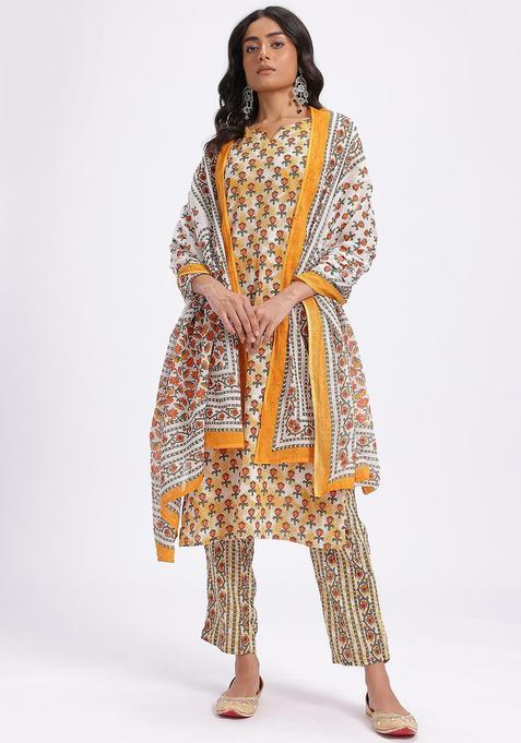 Yellow Printed Cotton Kurta Set — view on Indya