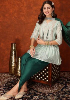 Green Embroidered Silk Kurta Set
