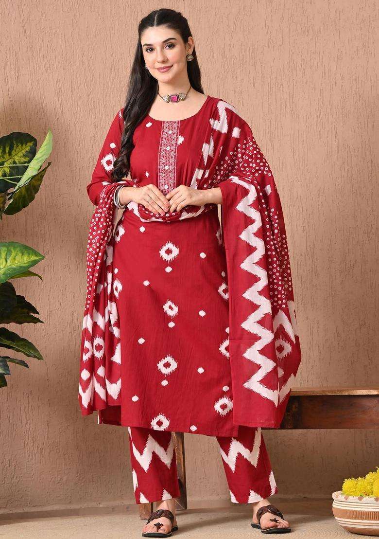 Red Printed Cotton Kurta Set - Indya