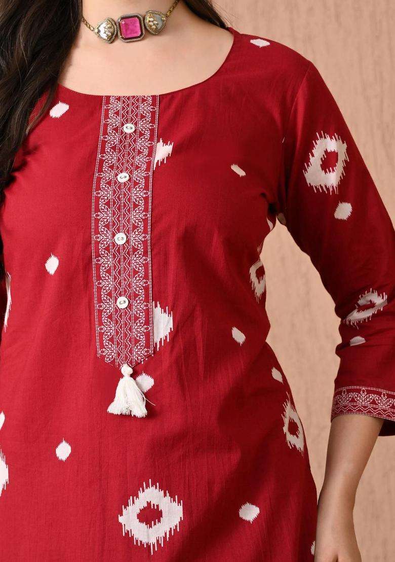 Red Printed Cotton Kurta Set - Indya