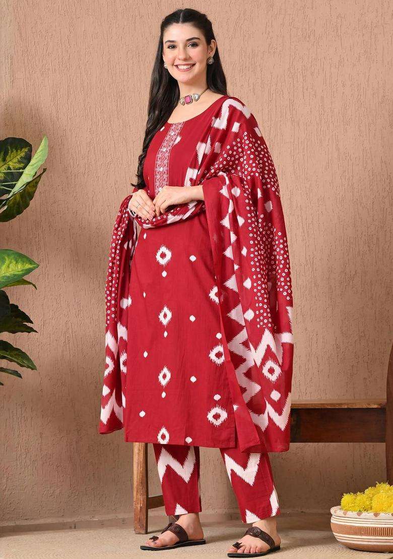 Red Printed Cotton Kurta Set - Indya